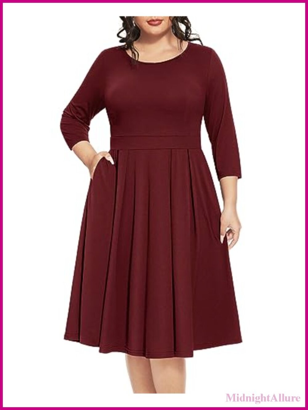 Plus Size Semi Formal Fit and Flare Midi Dress 3/4 Sleeve with Pockets